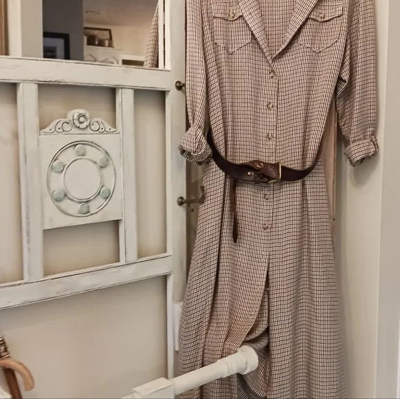 chinese dress ladies Houndstooth Print with Belt Cold Shoulder Long Sleeve Midi Maxi Shirt Dress Ivory Orange / S-M-L/2-2-2